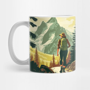 Woman Hiking in Forest Minimal Design, Adventure Mountain Mug