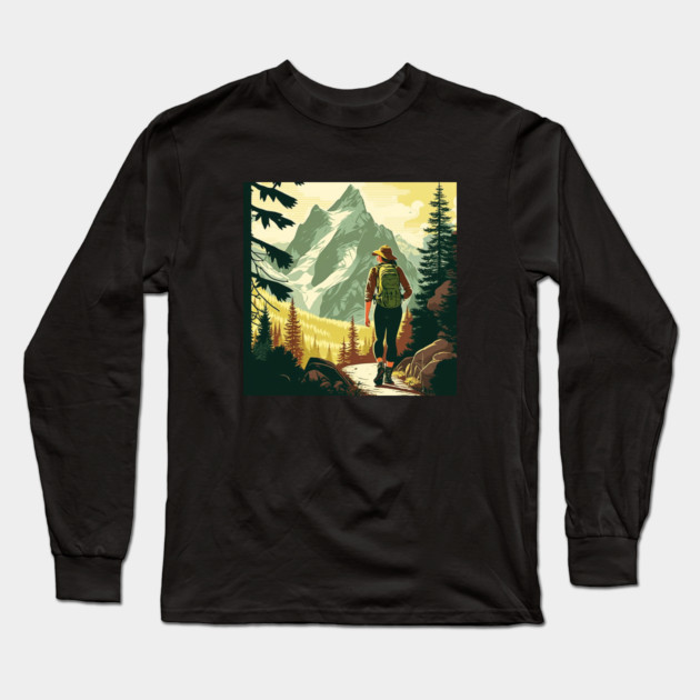 Woman Hiking in Forest Minimal Design, Adventure Mountain Long Sleeve T-Shirt by logiamerch