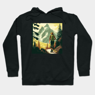 Woman Hiking in Forest Minimal Design, Adventure Mountain Hoodie