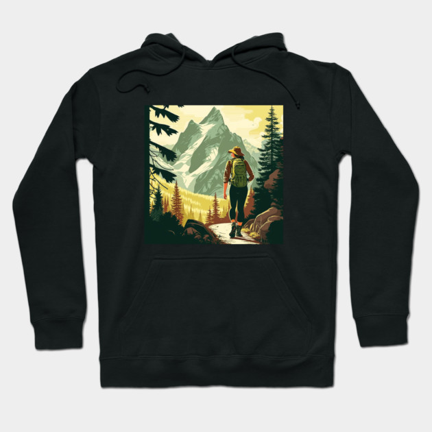 Woman Hiking in Forest Minimal Design, Adventure Mountain Hoodie by logiamerch