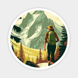 Woman Hiking in Forest Minimal Design, Adventure Mountain Magnet