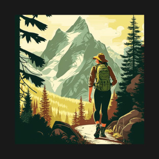 Woman Hiking in Forest Minimal Design, Adventure Mountain T-Shirt