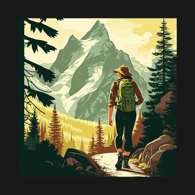 Woman Hiking in Forest Minimal Design, Adventure Mountain by logiamerch