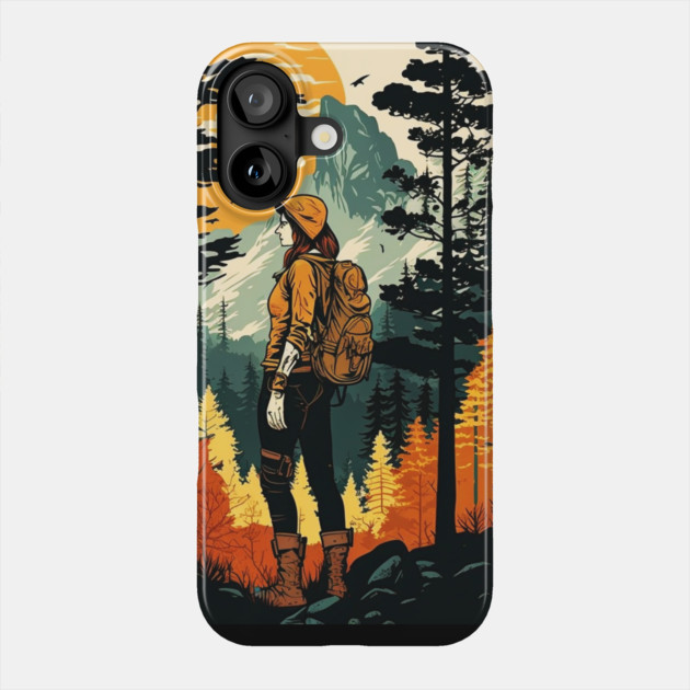 Woman Hiking in Forest Design, Adventure Mountain Phone Case by logiamerch