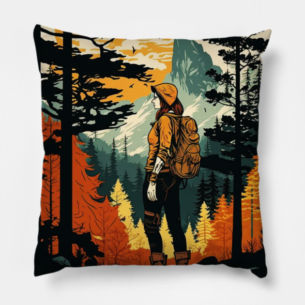 Woman Hiking in Forest Design, Adventure Mountain Pillow by logiamerch