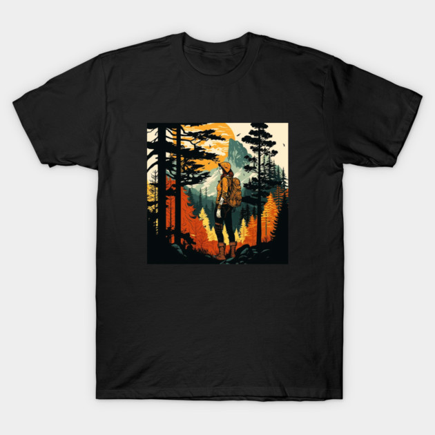 Woman Hiking in Forest Design, Adventure Mountain T-Shirt by logiamerch