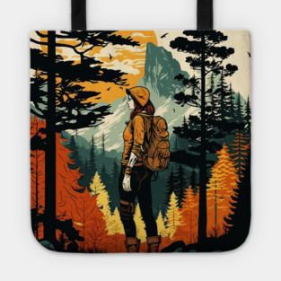 Woman Hiking in Forest Design, Adventure Mountain Tote