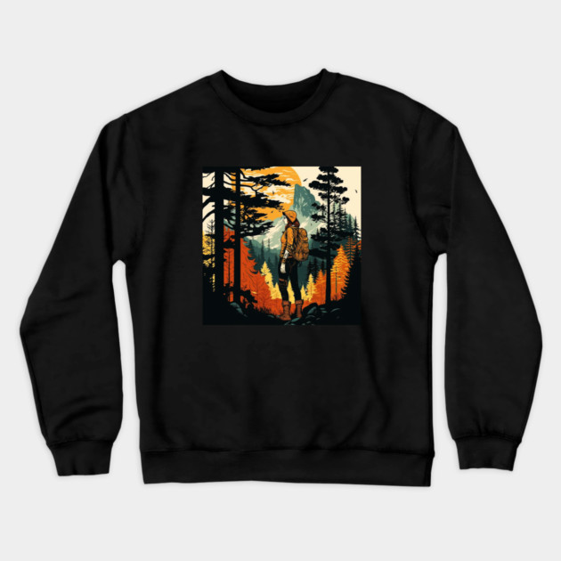 Woman Hiking in Forest Design, Adventure Mountain Crewneck Sweatshirt by logiamerch