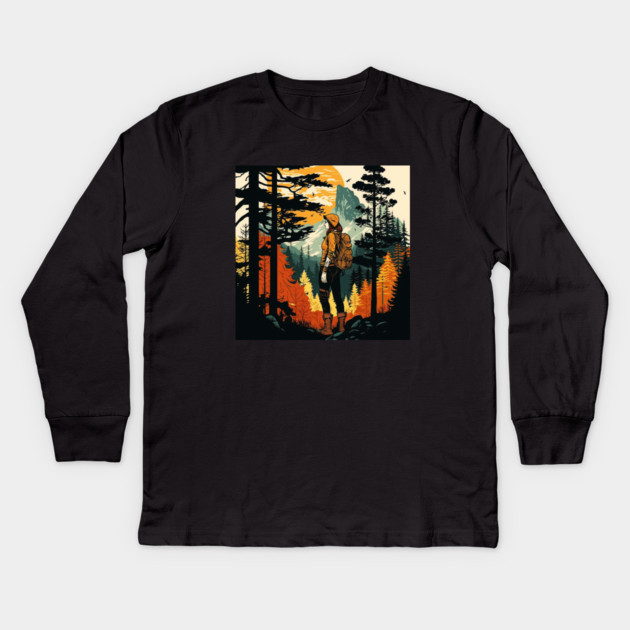 Woman Hiking in Forest Design, Adventure Mountain Kids Long Sleeve T-Shirt by logiamerch
