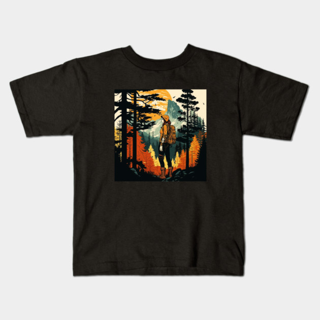 Woman Hiking in Forest Design, Adventure Mountain Kids T-Shirt by logiamerch