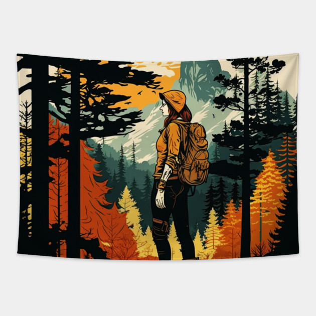 Woman Hiking in Forest Design, Adventure Mountain Tapestry by logiamerch