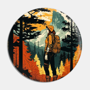 Woman Hiking in Forest Design, Adventure Mountain Pin