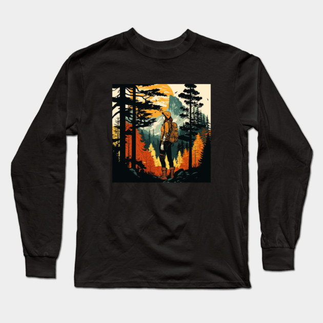 Woman Hiking in Forest Design, Adventure Mountain Long Sleeve T-Shirt by logiamerch