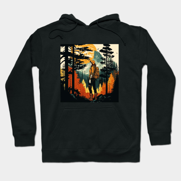 Woman Hiking in Forest Design, Adventure Mountain Hoodie by logiamerch