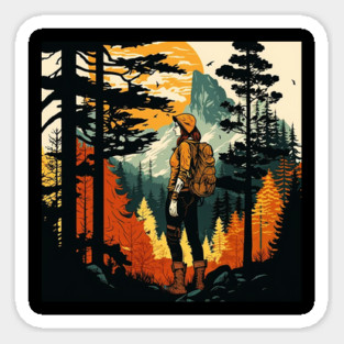 Woman Hiking in Forest Design, Adventure Mountain Sticker