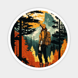 Woman Hiking in Forest Design, Adventure Mountain Magnet