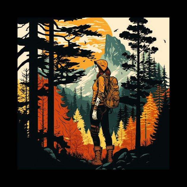 Woman Hiking in Forest Design, Adventure Mountain by logiamerch