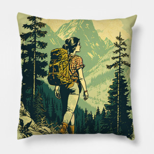 Woman Hiking in Forest Design, Adventure Mountain Pillow
