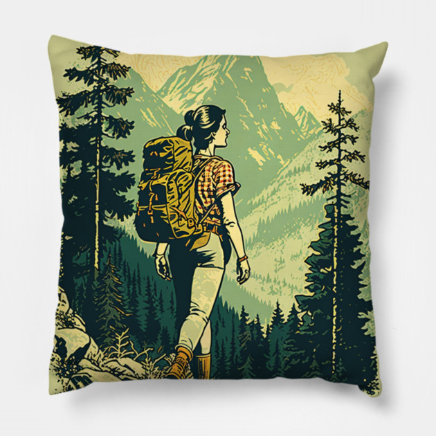Woman Hiking in Forest Design, Adventure Mountain Pillow by logiamerch