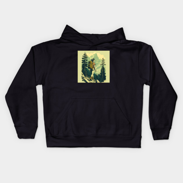 Woman Hiking in Forest Design, Adventure Mountain Kids Hoodie by logiamerch