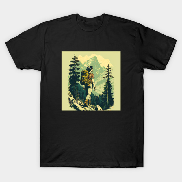 Woman Hiking in Forest Design, Adventure Mountain T-Shirt by logiamerch