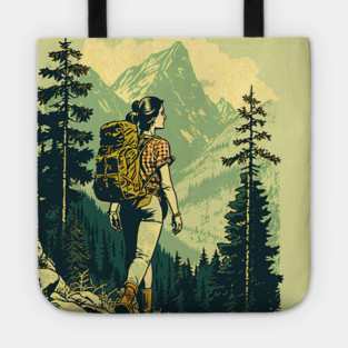 Woman Hiking in Forest Design, Adventure Mountain Tote