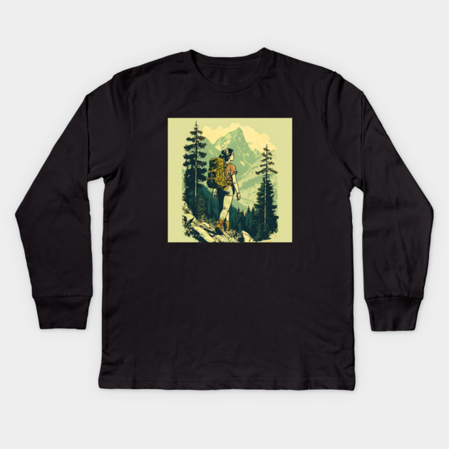 Woman Hiking in Forest Design, Adventure Mountain Kids Long Sleeve T-Shirt by logiamerch