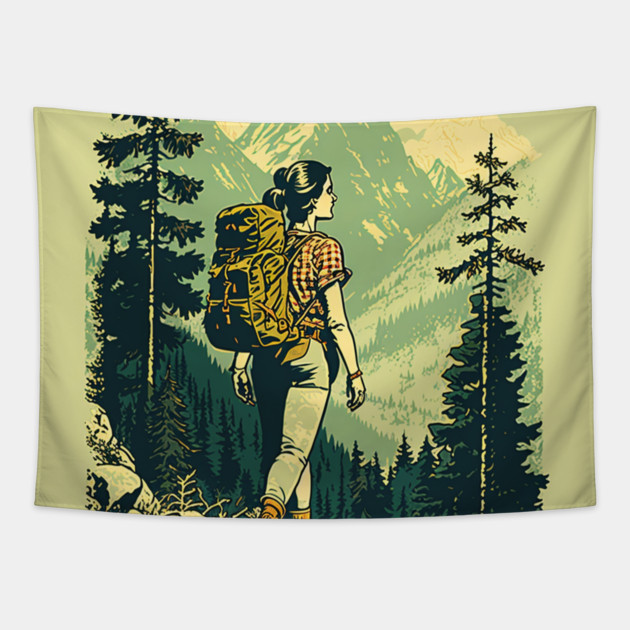 Woman Hiking in Forest Design, Adventure Mountain Tapestry by logiamerch