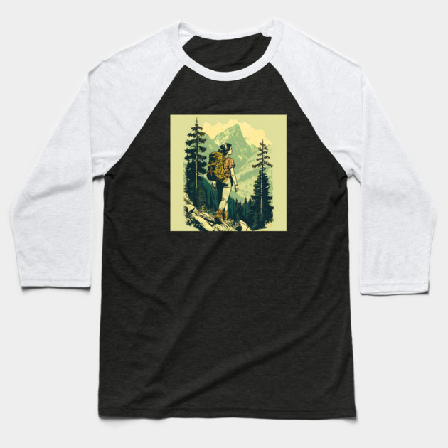 Woman Hiking in Forest Design, Adventure Mountain Baseball T-Shirt by logiamerch