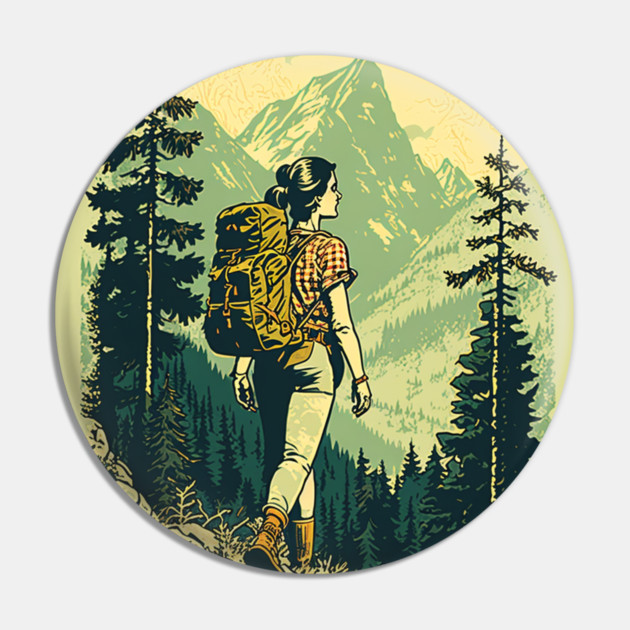 Woman Hiking in Forest Design, Adventure Mountain Pin by logiamerch