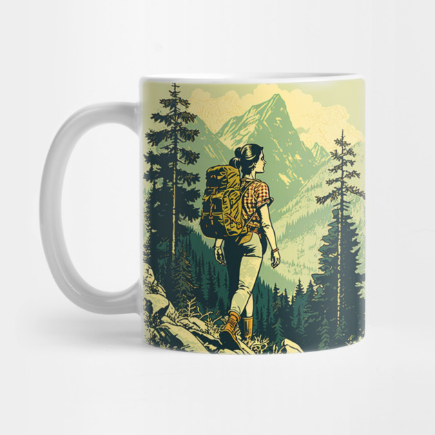 Woman Hiking in Forest Design, Adventure Mountain by logiamerch