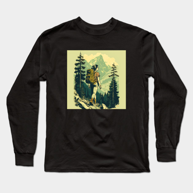 Woman Hiking in Forest Design, Adventure Mountain Long Sleeve T-Shirt by logiamerch