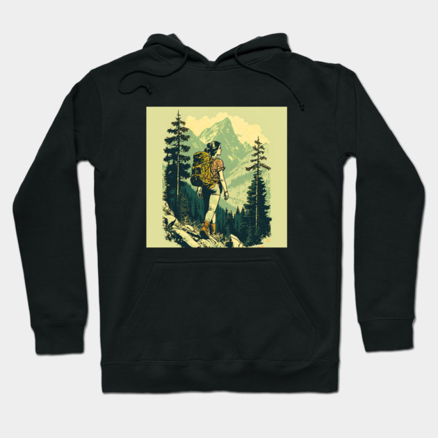 Woman Hiking in Forest Design, Adventure Mountain Hoodie by logiamerch