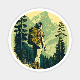 Woman Hiking in Forest Design, Adventure Mountain Magnet