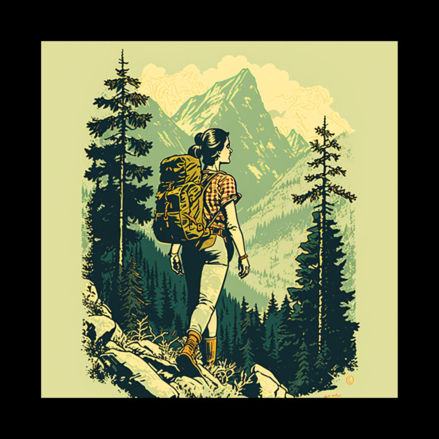 Woman Hiking in Forest Design, Adventure Mountain by logiamerch