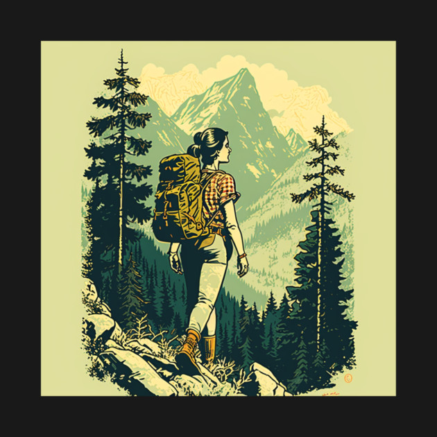 Woman Hiking in Forest Design, Adventure Mountain by logiamerch