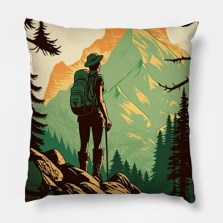 Woman Hiking in Forest Design, Adventure Mountain Pillow