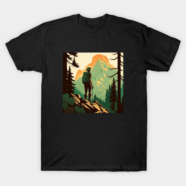 Woman Hiking in Forest Design, Adventure Mountain T-Shirt by logiamerch