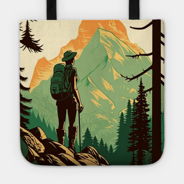 Woman Hiking in Forest Design, Adventure Mountain Tote by logiamerch