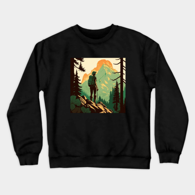 Woman Hiking in Forest Design, Adventure Mountain Crewneck Sweatshirt by logiamerch