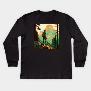 Woman Hiking in Forest Design, Adventure Mountain Kids Long Sleeve T-Shirt