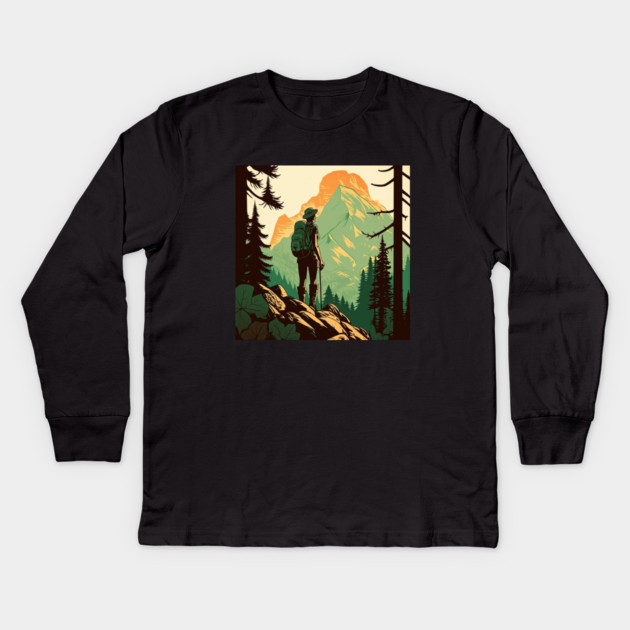 Woman Hiking in Forest Design, Adventure Mountain Kids Long Sleeve T-Shirt by logiamerch