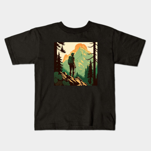 Woman Hiking in Forest Design, Adventure Mountain Kids T-Shirt by logiamerch