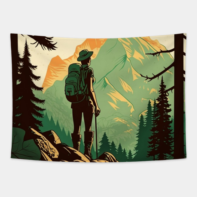 Woman Hiking in Forest Design, Adventure Mountain Tapestry by logiamerch