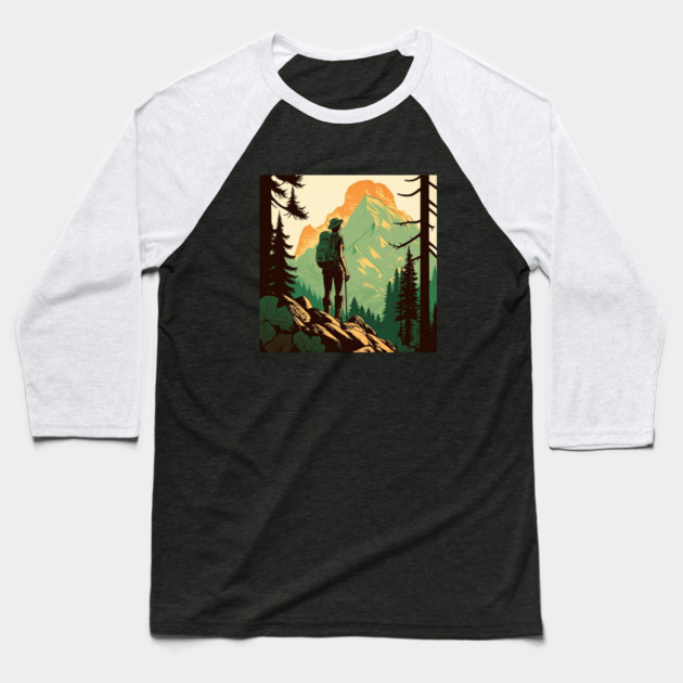 Woman Hiking in Forest Design, Adventure Mountain Baseball T-Shirt by logiamerch