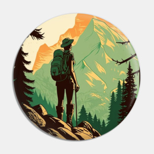 Woman Hiking in Forest Design, Adventure Mountain Pin