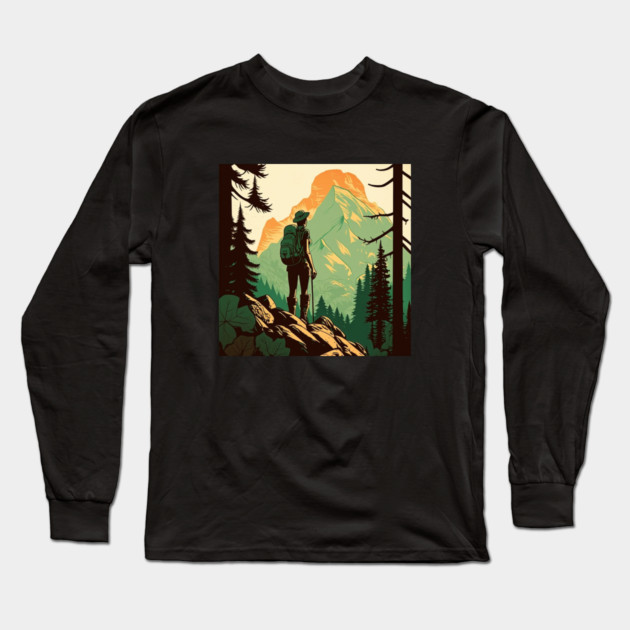 Woman Hiking in Forest Design, Adventure Mountain Long Sleeve T-Shirt by logiamerch