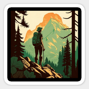 Woman Hiking in Forest Design, Adventure Mountain Sticker