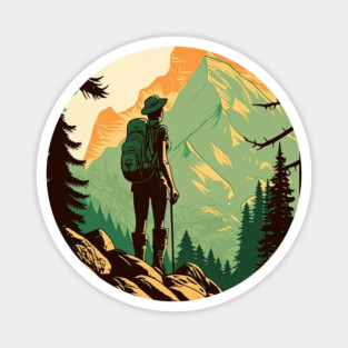 Woman Hiking in Forest Design, Adventure Mountain Magnet