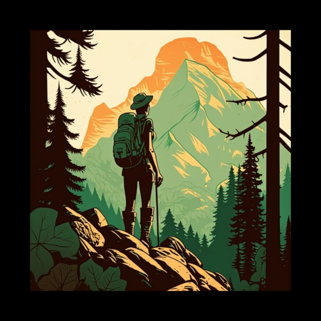 Woman Hiking in Forest Design, Adventure Mountain by logiamerch